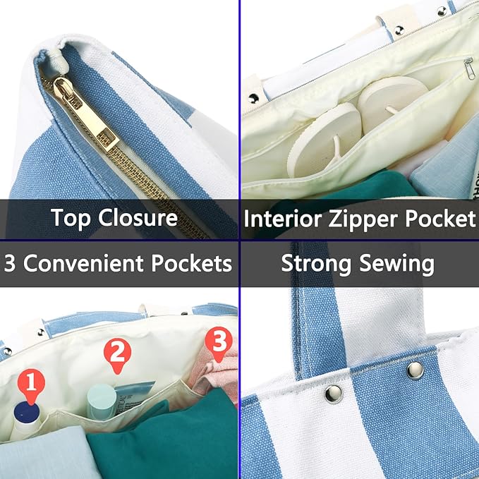 Large Canvas Beach Bag for Women, Beach Bags Waterproof Sandproof with Zipper & Wet Bag Cruise Essentials