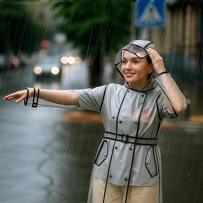 Waterproof Portable Raincoat Clear Raincoats for Women Reusable EVA Rain Resistant Poncho with Hoods and Belt