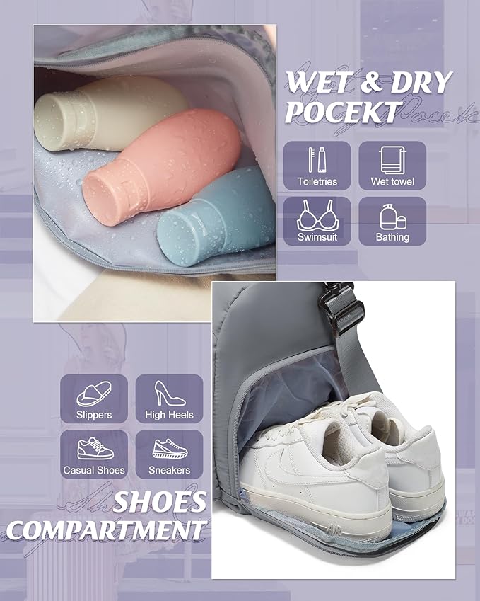 Gym Bag for Women with Shoe Compartment Lightweight Travel Duffle Bags Carry on Bag Overnight Weekender Duffel Bag with Wet Pocket Personal Item Travel Bag Tote Bag Workout Dance Bag Grey