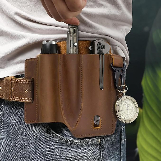Jack&Chris Leather EDC Multitool Sheath for Belt, EDC Belt Organizer for Leatherman Tools, EDC Pocket Organizer for Men with Pen Holder, Key Fob, Flashlight Sheath