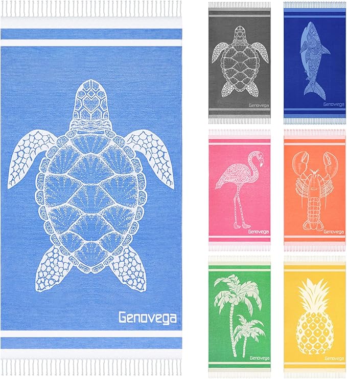 Genovega Oversized Cotton Turkish Beach Towels 72"x36" Lightweight Quick Dry Sandless Pool Swim Towel Large No Sand Adult Travel Compact Blanket Essentials Cruise Accessories Must Haves Blue Turtle