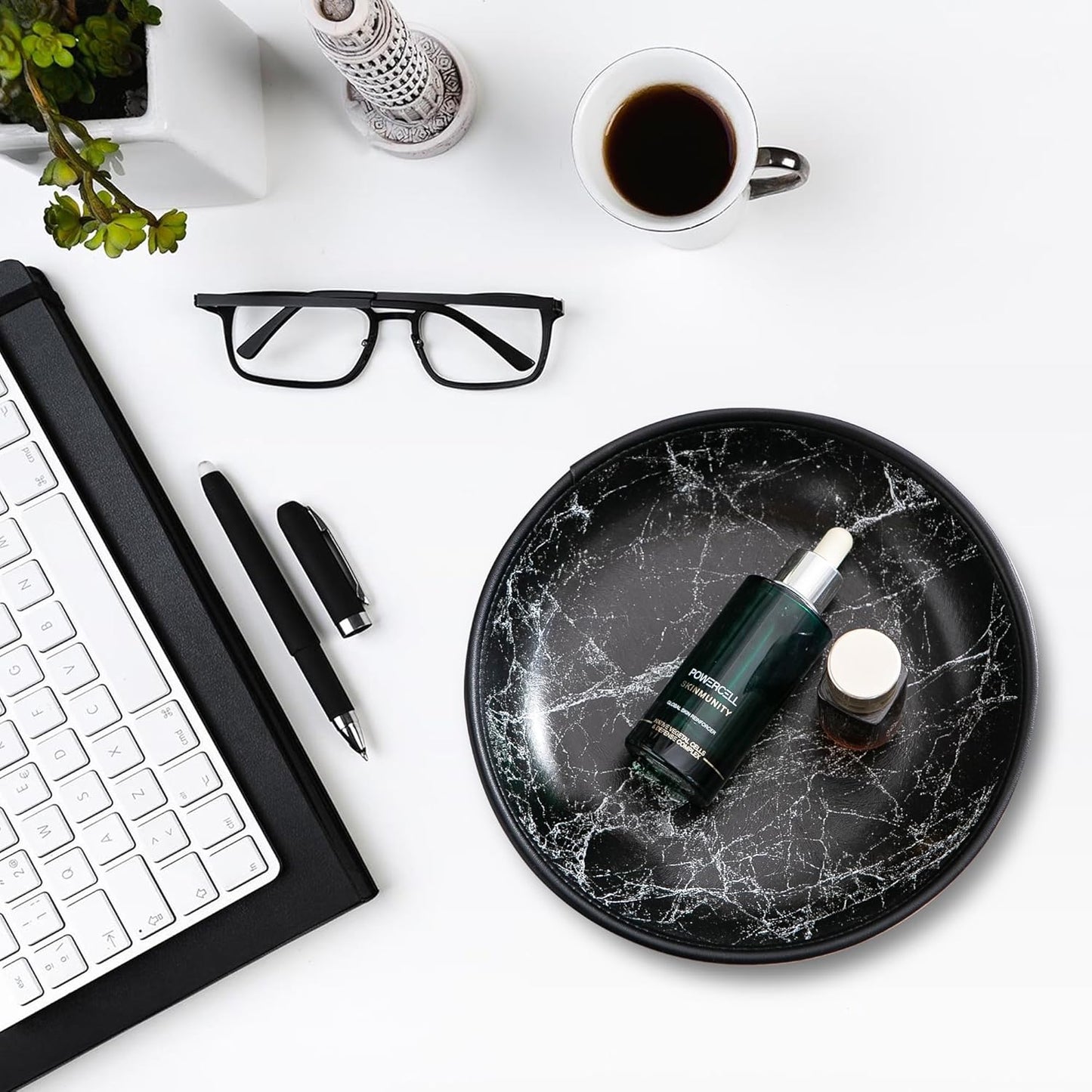 2025 Improved Design Round Marbled Leather Valet Tray Organizer Set of 2, Hard Leather Catchall Tray for Watches, Keys, Wallets, Jewelry & Candys on Desk, Bedside, Nightstand(Round Hard)