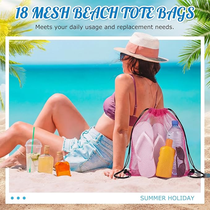 18 Pcs Mesh Beach Pool Tote Bags Bulk, Cute Drawstring Bag Large Swim Beach Toy Organizer Dopamine for Women Men Travel Lightweight Pool Essentials for Outdoor Swim Travel Shopping Gym