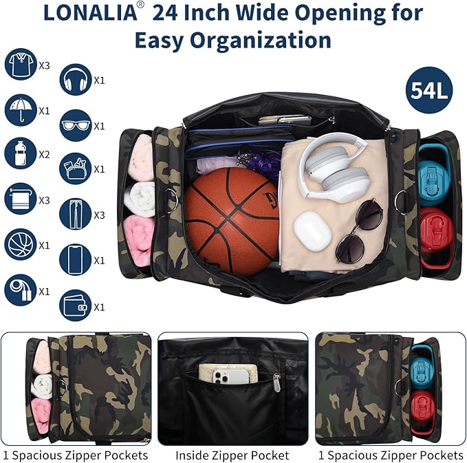 24 inch Gym Duffle Bag with Shoe Compartment - 55L Mens Gym Bag for Sport Travel Workout-Camo