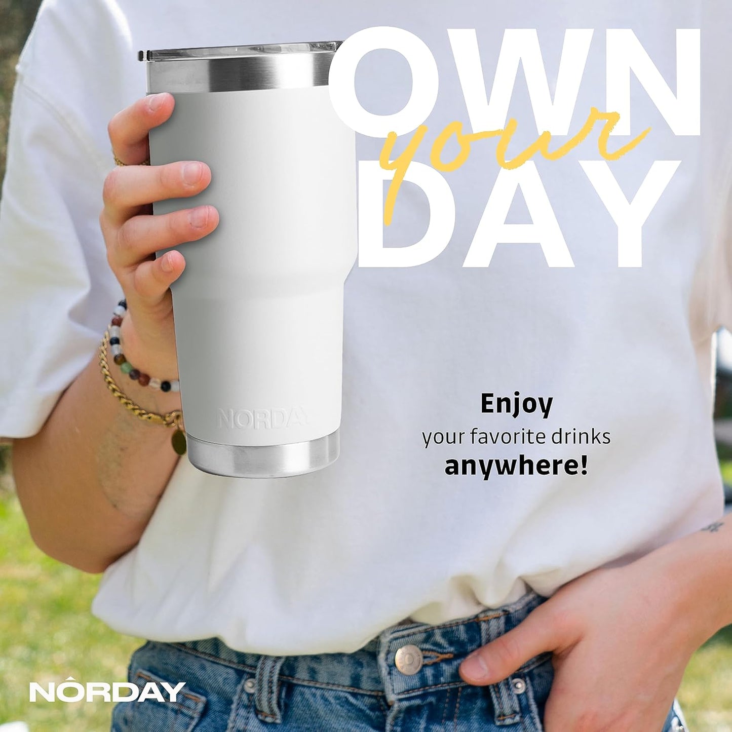 NORDAY | Tumbler with Lid - 30oz - White Insulated Tumbler - Stainless Steel Tumblers - Double Wall Vacuum Insulated Travel Coffee Mug for Car Cup Holder - Keeps Temperature for 24hr - Anti Spill Lid