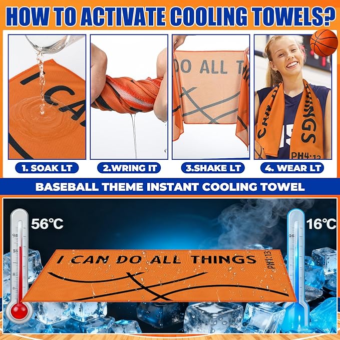 12 Pcs Basketball Cooling Towel Basketball Team Gifts Favors for Men Bible Verse I Can Do All Things Workout Sweat Rags for Neck and Face Microfiber Towel for Gym, Camping, Outdoor Sport