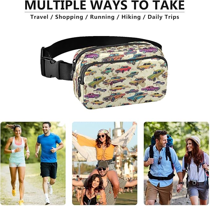 Vintage Car Fanny Pack for Women Men Water Resistant Fashion Waist Packs with Adjustable Strap Belt Bag for Travel Workout Jogging Hiking 21220295
