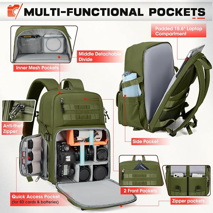 RAINSMORE Camera Bag Backpack for DSLR/SLR/Mirrorless Camera Bags for Photographers 15.6 Inch Waterproof Tactical Photography Backpack Case with Rain Cover & Tripod Holder, Army green