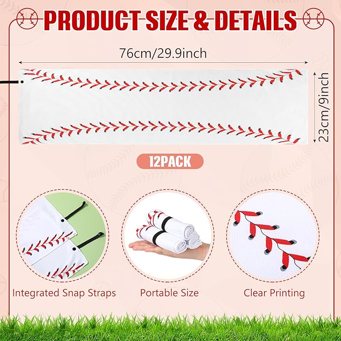 12 Pcs Mini Baseball Cooling Towel with Snap Loop, 30" x 9" Cooling Towel for Neck and Face Breathable Chilly, Microfiber Sport Rags for Baseball Team Gift, Cold Sweat Rag for Sport