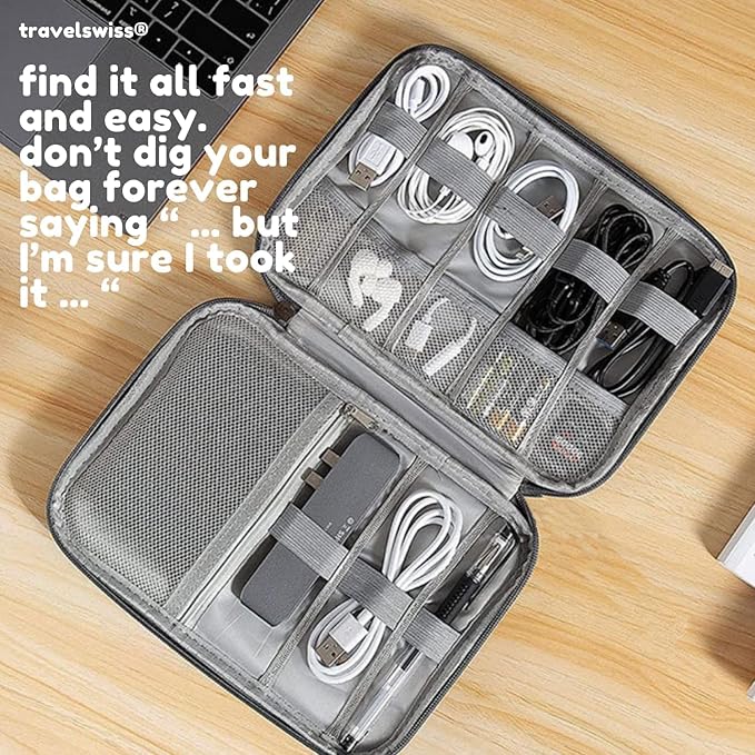 Travel Case Carry Pouch Electronic Accessories Organizer Portable Waterproof Double Layers All-in-One Storage Bag for Power Bank USB Cable Mouse Cords Charger Phone Earphone Flash Drive Black