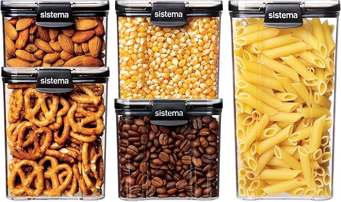 Sistema Tritan Ultra Airtight Pantry & Kitchen Storage Containers, 5-Pack, Clear Stackable Square Food Storage, BPA-Free, Dishwasher & Freezer-Safe (Microwave-Safe Without Lid)