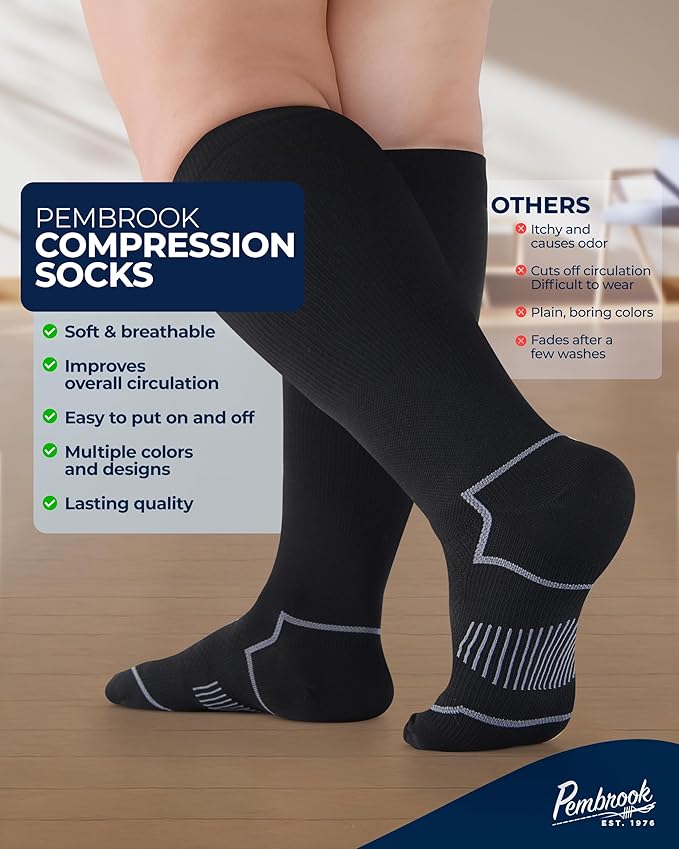 Pembrook Plus Size Compression Socks for Women Wide Calf - 3 Pairs, 20-30mmHg Extra Wide Calf Compression Socks, Up to 4XL