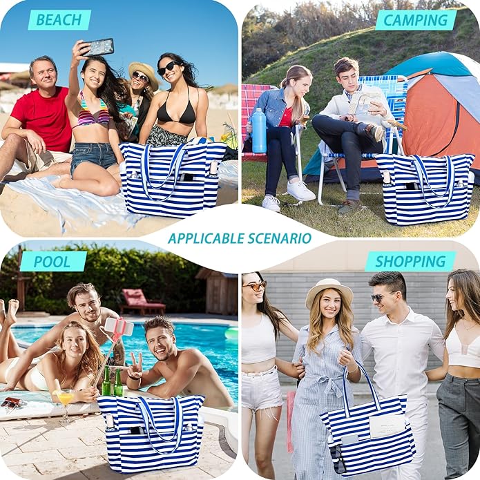 Iioscre Beach Bag for Women, Causal Hobo Pool Bags with Zipper Inner Pocket, Foldable Swim Tote Bag for Vacation Essentials