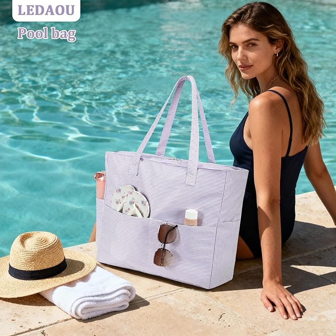 LEDAOU Large Beach Bag Women Waterproof Sandproof Zipper Beach Tote Pool Bag for Swim Gym Grocery Travel with Wet Pocket | Waterproof, Sandproof, Zipper, Pool, Gym, Grocery