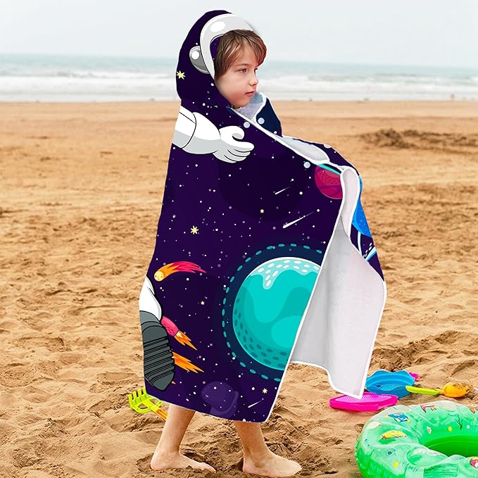 Spaceman Hooded Beach Towel for Boys, Soft & Absorbent Universe Spaceman Poncho Towel, 30”x50” Cool Cartoon Spaceman Bathrobe for Kids, Quick Dry Swim, Pool, and Bath Time