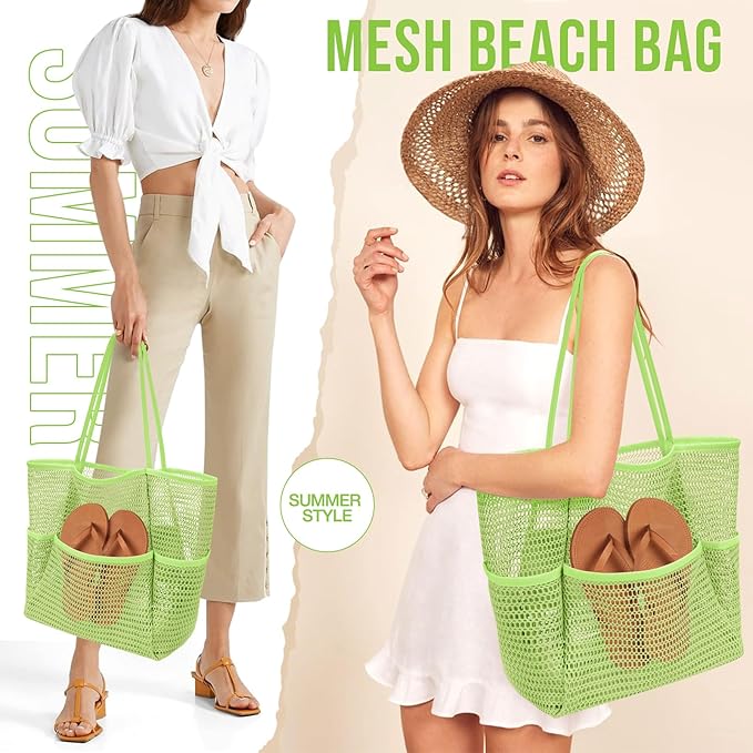 KPX Beach Bag with Mini Pocket, Beach Tote Bags for Women Large Foldable Mesh Swimming Pool Travel Bags - Sandproof
