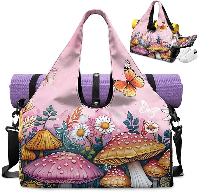 Small Duffle Bag for Women with Yoga Mat Holder, Mushroom Workout Bag with Inner Pocket, Shoe Compartment, Weekend Bag Ventilated Lightweight Totes for Birthday Gift