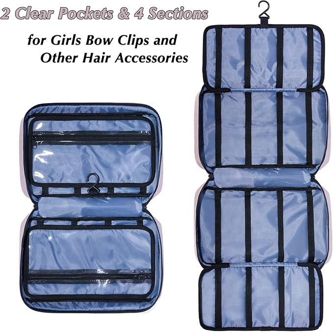 Hair Accessories Organizer for Girls, Hair Accessories Storage Bag, Hair Bow Storage Organaizer for Girls with Multi-Compartments, Baby Hair Accessories Organizer for Travel (Pink)