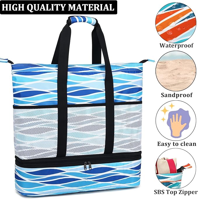 JIANYA Beach Bag Women Waterproof Sandproof Beach Tote Bags with Cooler Top Zipper Large Totes for Pool Travel Daily