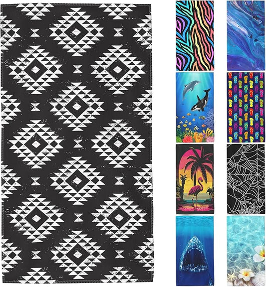 Geometric Microfiber Beach Towels,Tribal Black and White Geometric Oversized Absorbent Bath Towels,Soft Quick Dry Thin Camping Towel for Adults Women Men,29.5"×59"