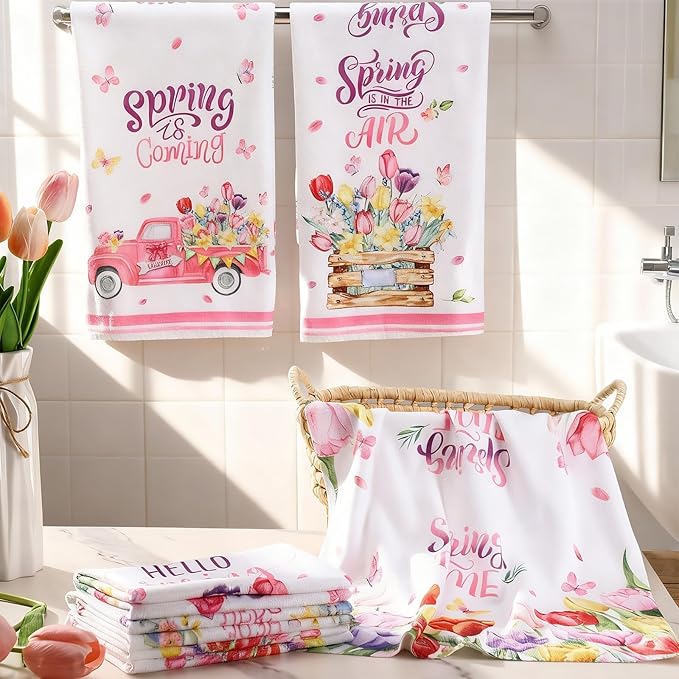 Breling Set of 6 Spring Kitchen Towels Tulip Dish Towel Flower Bathroom Decorative Rustic Dishcloth for Farmhouse Spring Kitchen Bathroom Home Cooking Housewarming Gifts, 14 x 21 Inch
