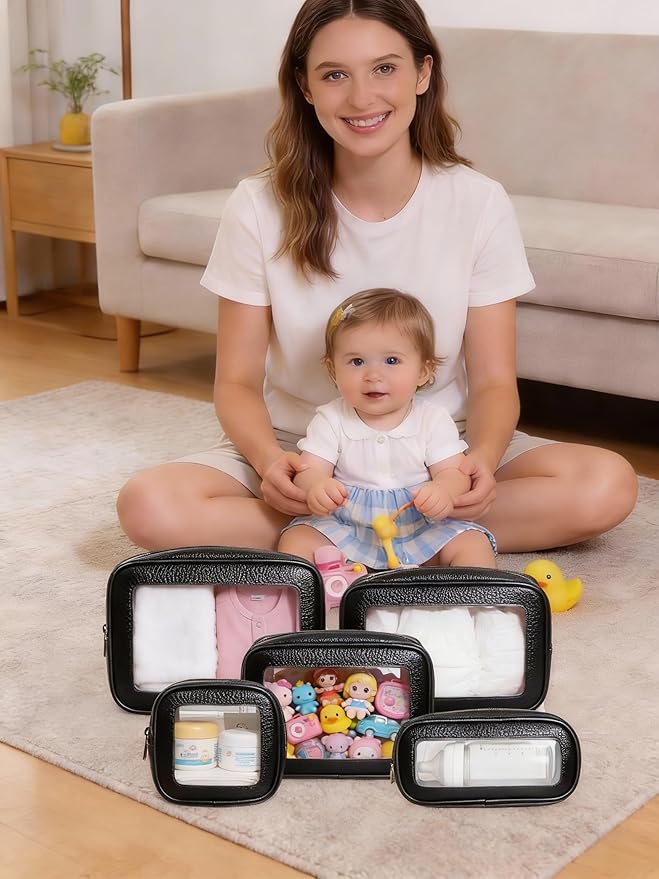 5Pcs Diaper Bag Organizer Pouch Set, Waterproof Travel Clear Makeup Bag Set for Women Small Toiletry Bag Travel Packing Organizer Bags Cosmetic Case with Zipper Compact Car Organizer Bag (Black Set)