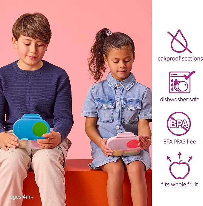 b.box Snack Box - Leakproof Mini Bento Box for Kids & Toddlers, 2 Compartment Snack Containers for Kids, Lunch Containers, Dishwasher Safe, BPA Free, PFAS Free, Ages 4m+, 1 3/4 Cup - Flamingo Fizz