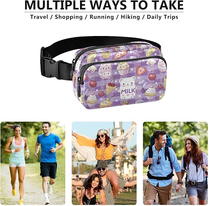 Kawaii Cat Bear Milk Cake Plaid Fanny Pack for Women Men Water Resistant Fashion Waist Packs with Adjustable Strap Belt Bag for Travel Workout Jogging Hiking 21219473