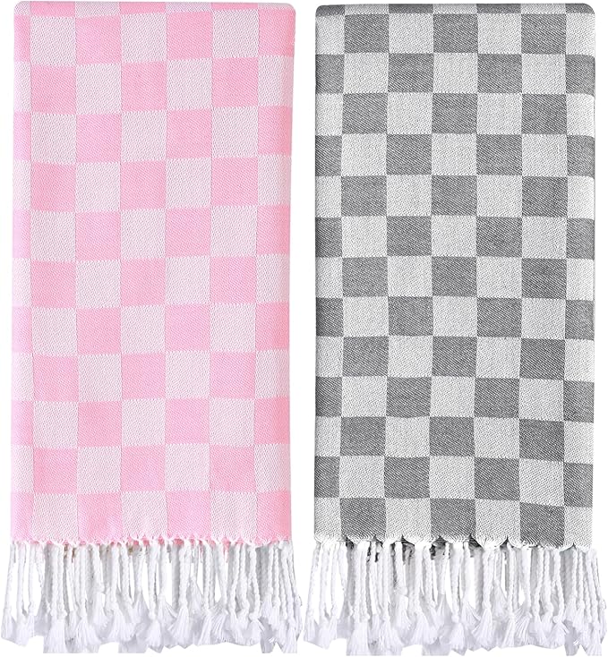 2 Packs Checkered Plaid Yoga Gym Turkish Towel for Spa Bath Beach Blanket Quick Dry Lightweight Absorbent Gym Gear Essentials Running Accessories Excise Must Haves Workout Stuff Walking Gadgets