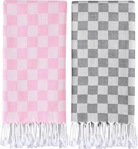 2 Packs Checkered Plaid Yoga Gym Turkish Towel for Spa Bath Beach Blanket Quick Dry Lightweight Absorbent Gym Gear Essentials Running Accessories Excise Must Haves Workout Stuff Walking Gadgets