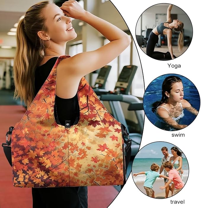Fall Maple Leaf Gym Bag for Women Yoga Mat Holder Lightweight Sports Duffle Bag with Shoes Compartment Large Tote Bags with for Yoga Travel Hospital Weekender Gifts for Thanksgiving