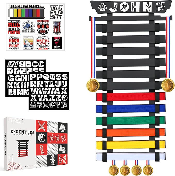 10/12 Belts Karate Belt Display Rack, Pure Bamboo Wood, Themed Stickers, Medal Hangers - Taekwondo Belt Display, Jiu Jitsu, BJJ, Martial Arts