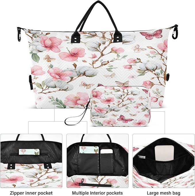 Cotton Peach Blossom Butterfly Pattern Travel Duffle Bag Gym Yoga Carry on Bags for Men Women Weekender Bag