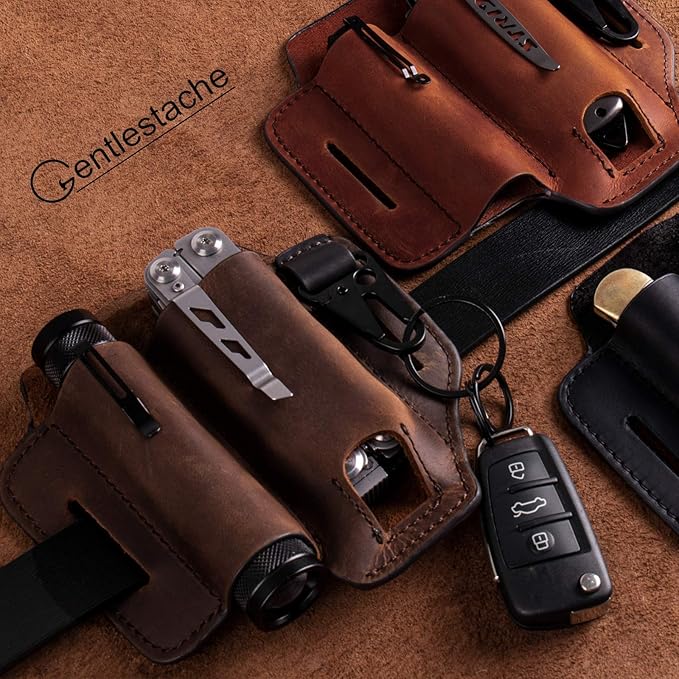 Gentlestache Leather Sheath for Leatherman Multitool Sheath EDC Pocket Organizer with Key Holder for Belt and Flashlight Sheath Multitool Pouch Darkbrown