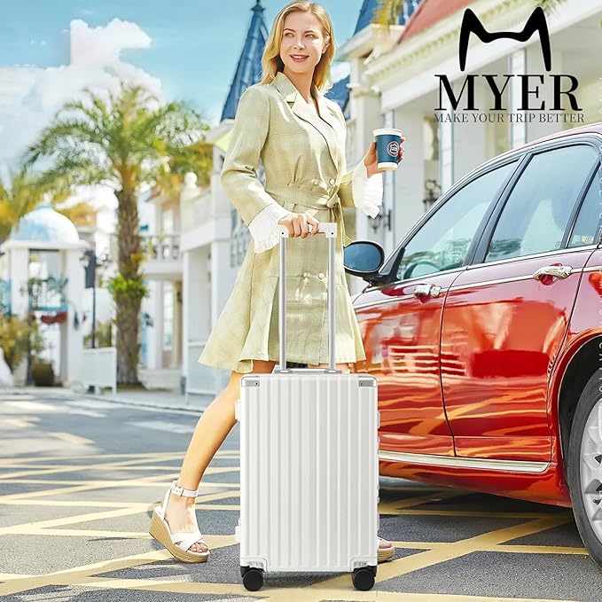 MYER Hard Case 24 Inch Checked Luggage with Spinner Wheels,Aluminum Luggage with 100% 3-Layer PC,Hard Shell Suitcases with Wheels,Cup Holder and USB Port (Milky White, 24 inch)
