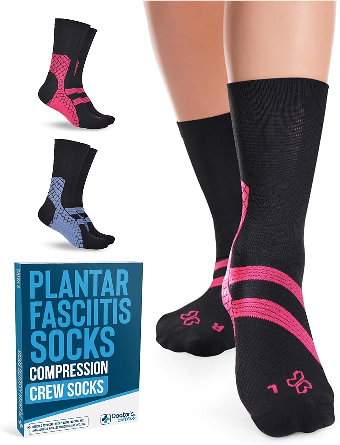 Doctor's Select Plantar Fasciitis Socks - 2 Pairs | Compression Crew Socks for Plantar Fasciitis Relief | Arch Support Socks