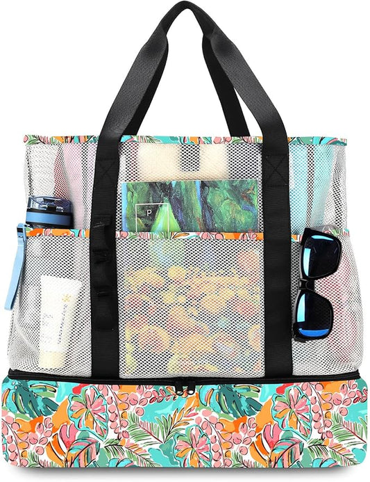 Beach Bag with Cooler,Mesh Beach Bags for Women Sandproof for Pool and Swimming Travel Daily with Durable 8 Pocket