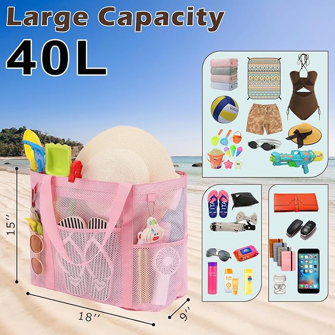 Mesh Beach Bag with Zipper, Large Beach Tote for Women, Toys Pool Swim Bag Travel Vacation Cruise Essentials