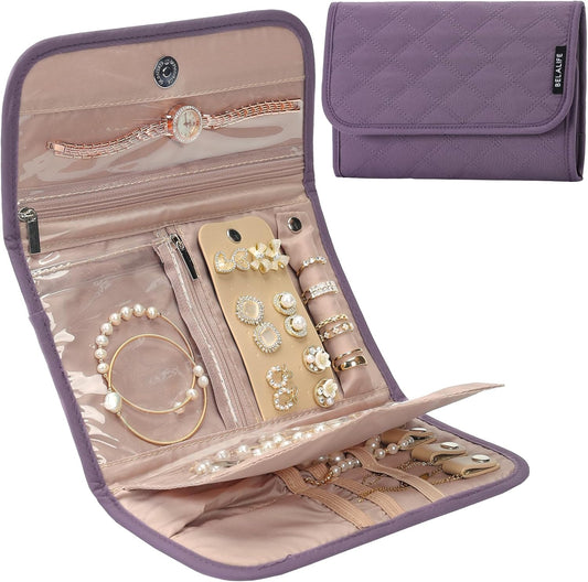BELALIFE Travel Jewelry Case Organizer, Foldable Storage Roll for Earrings, Necklaces, Rings, Bracelets, Brooches, Purple