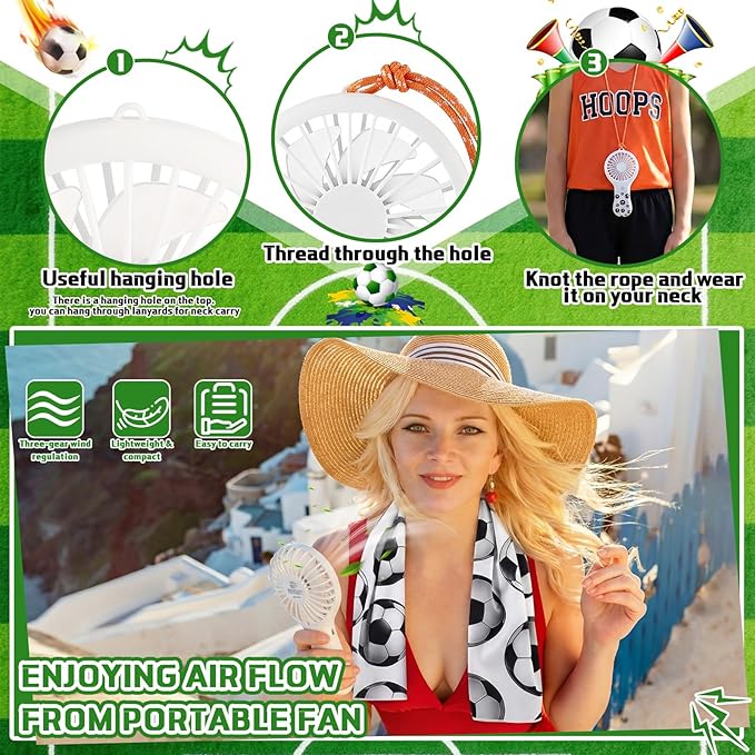 Woanger 24 Pcs Soccer Cooling Towels and Fans Sets Mini Handheld Fans Bulk 3 Speeds USB Lash Towel for Soccer Gifts for Sporting Team Games Party Favor