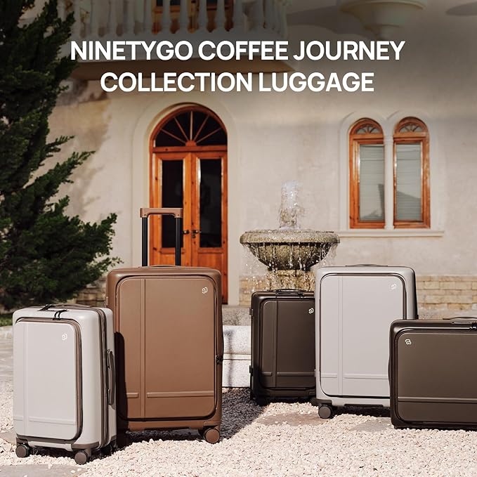 NINETYGO Carry On Luggage 22x14x9 Airline Approved, Top Opening 20 Inch Suitcase with Front Compartment, Expandable, Coffee-Infused PC Shell, Eco-Friendly, Cup Holder, TSA, Spinner Wheels (Latte)