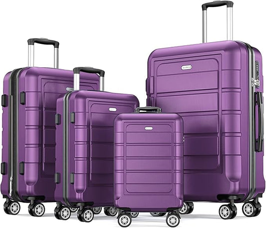 SHOWKOO Luggage Sets Expandable 100% PC Durable Suitcase Sets Double Wheels TSA Lock 4 Piece Luggage Set Purple