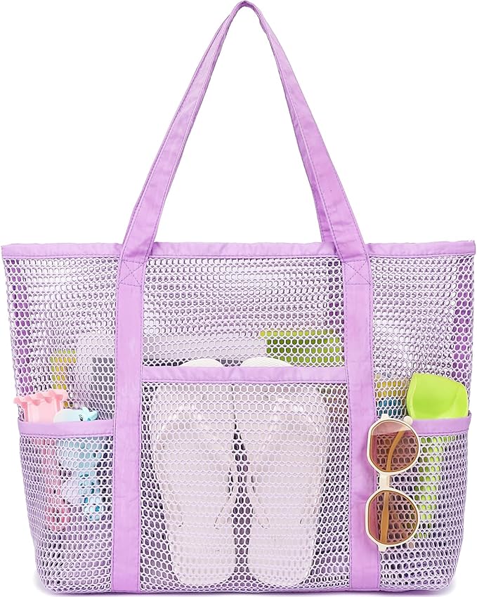 Fammart Mesh Beach Bag for Women, Casual Hobo Bags Large Beach Tote for Pool Travel Cruise Vacation Essentials