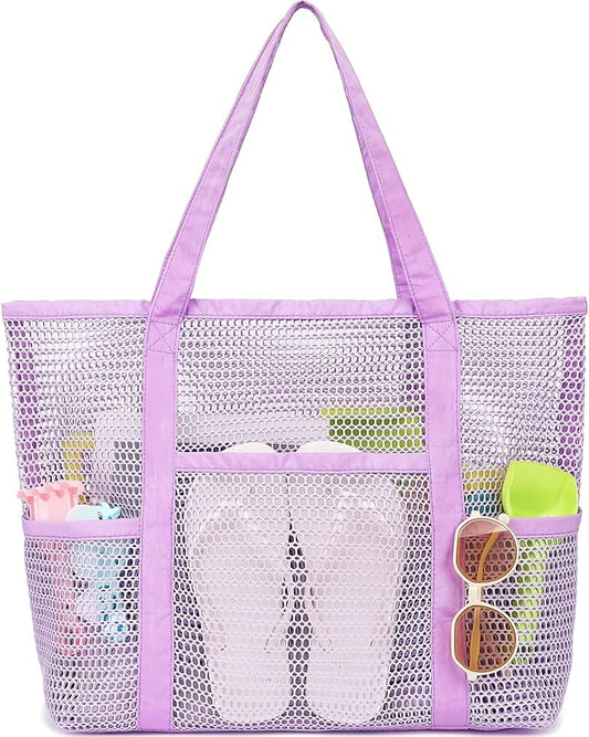 Fammart Mesh Beach Bag for Women, Casual Hobo Bags Large Beach Tote for Pool Travel Cruise Vacation Essentials