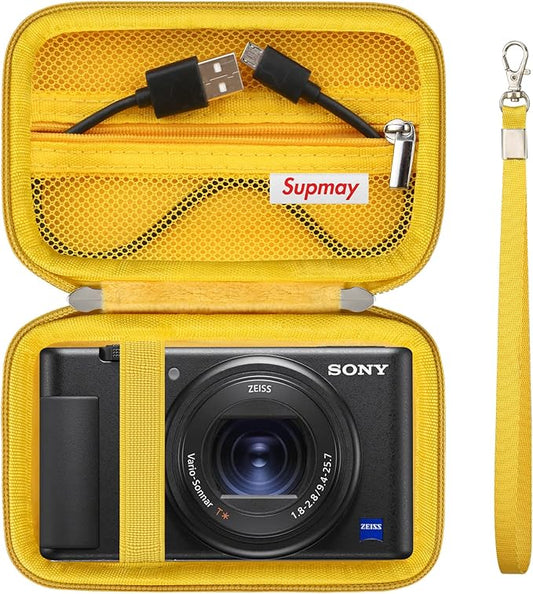 Hard Travel Case for Sony ZV-1F / ZV-1 / ZV-1 II Digital Camera, Storage Holder Travel Bag with Zipper Mesh Pocket for Battery Pack, Charging Cable, USB Card, Yellow