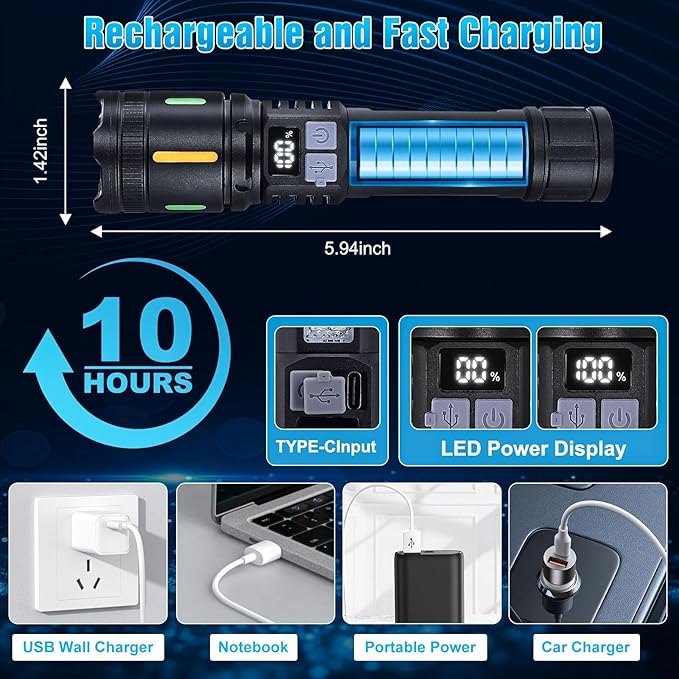 Rechargeable LED Flashlights High Lumens - 3000LM Super Bright Tactical Flashlight with Cob Sidelight, 5 Light Modes, IPX6 Waterproof, Powerful Flash Light for Camping Home Emergencies（2 Pack）