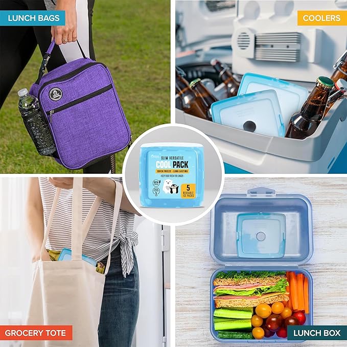 Healthy Packers® Slim Reusable Ice Packs for Lunch Boxes Kids and Adults | Long‑Lasting Thin Freezer Packs for Coolers, Bento Boxes, Lunch Bags, Travel, School Meals, and Meal Prep (5-Pack | Clear)