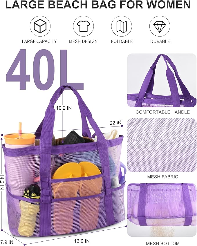 Genteen 40L Mesh Beach Bag, Foldable Sandproof Tote with Waterproof Pocket Quick Dry for Women Family Pool Vacation（White