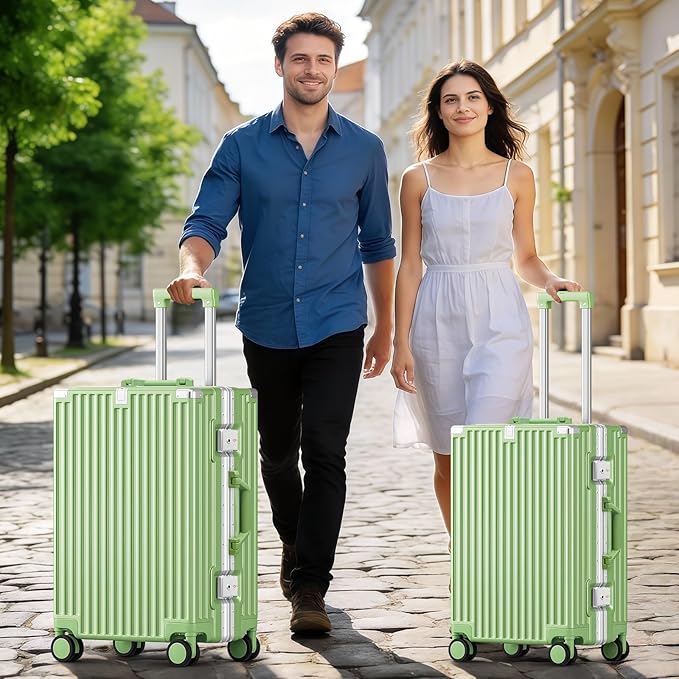 20 Inch Carry On Suitcase, Aluminum Frame Zipperless Hard Shell Luggage with Spinner Wheels, TSA Lock, USB Charging Port, Phone Holder, Cup Holder for Business Travel and Trips, Fruit Green