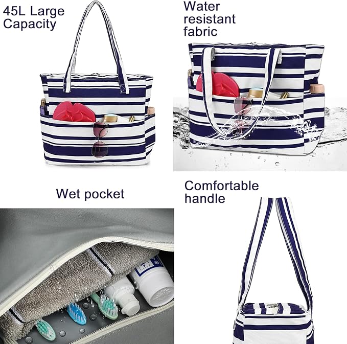 LEDAOU Beach Bag Waterproof Sandproof Women Beach Tote Pool Bag with Zipper for Swim Gym Grocery Travel with Wet Pocket | Sandproof, with Zipper, for Gym, Grocery, Travel, with Wet Pocket